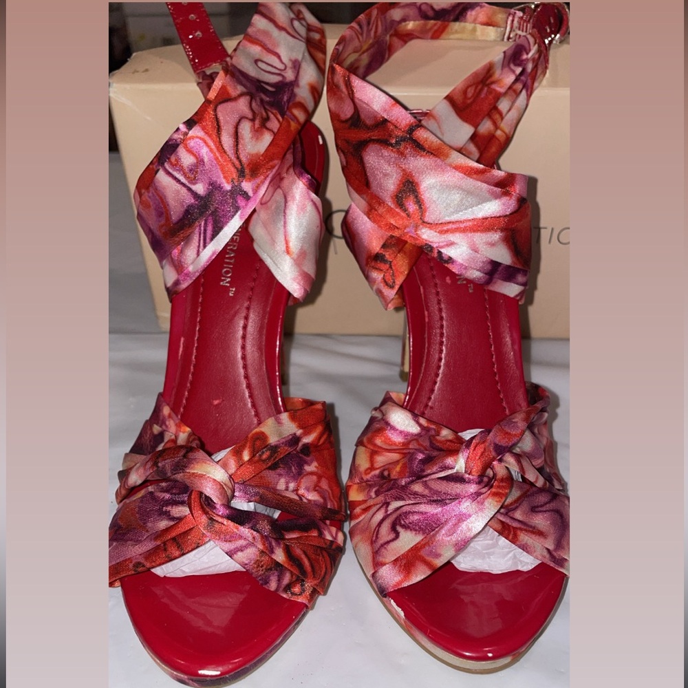 BCBGeneration floral satin wrap-around ankle straps high-heel sandals